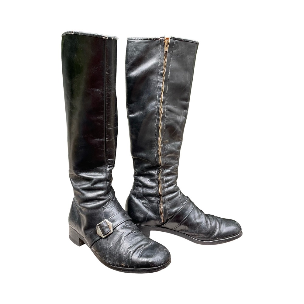 Vintage Mens Black Leather Tall Boots Buckle Zip Cosplay Renaissance Fair 11in